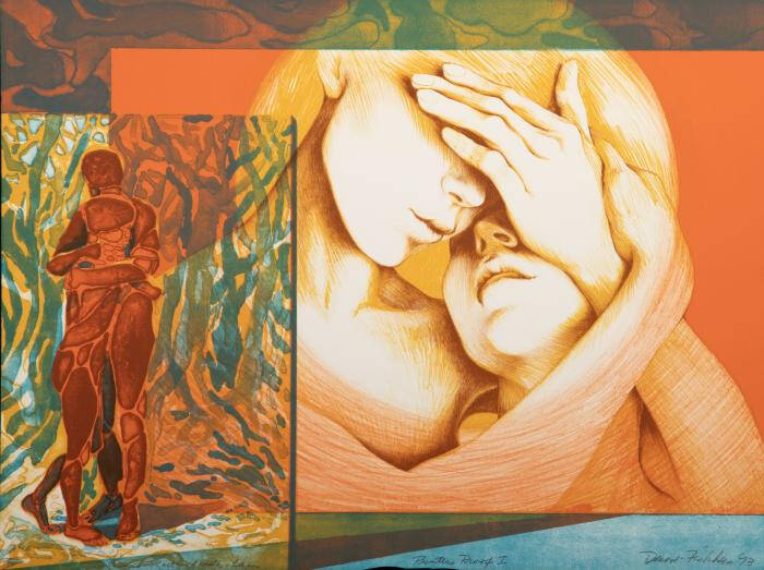 The left side has an abstract couple hugging in a blue green forest. The image to the right is a figure holding another person in her arms.